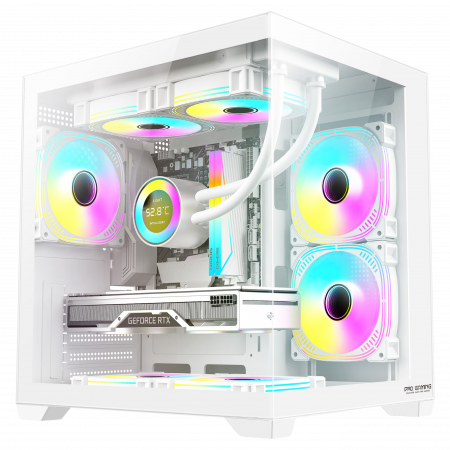 Carcasa ProGaming Ambra, Cube Tower, M-ATX, Fara Sursa, 5 Ventilatoare ARGB, Alb