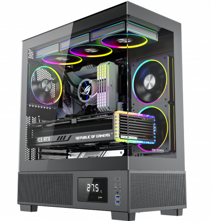 Carcase Gaming - Carcasa ProGaming Kian , Middle Tower, ATX, Fără Sursă, 6 Ventilatoare ARGB, Display Digital, Negru
