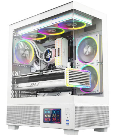 Carcase Gaming - Carcasa ProGaming Kian V2, Middle Tower, ATX, Fără Sursă, 6 Ventilatoare ARGB, Display Digital, Alb