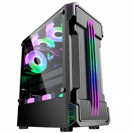 Carcasa ProGaming Zerg , Middle Tower, ATX, Fara sursa, 3 Ventilatoare ARGB, Negru