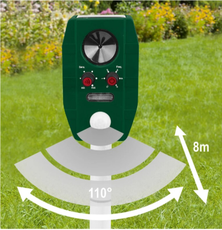 Dispozitiv solar cu ultrasunete pentru alungare rozatoare, caini, pisici, pasari - acumulator Li-ion, senzor miscarea cu raza actiune-8 metri [1]