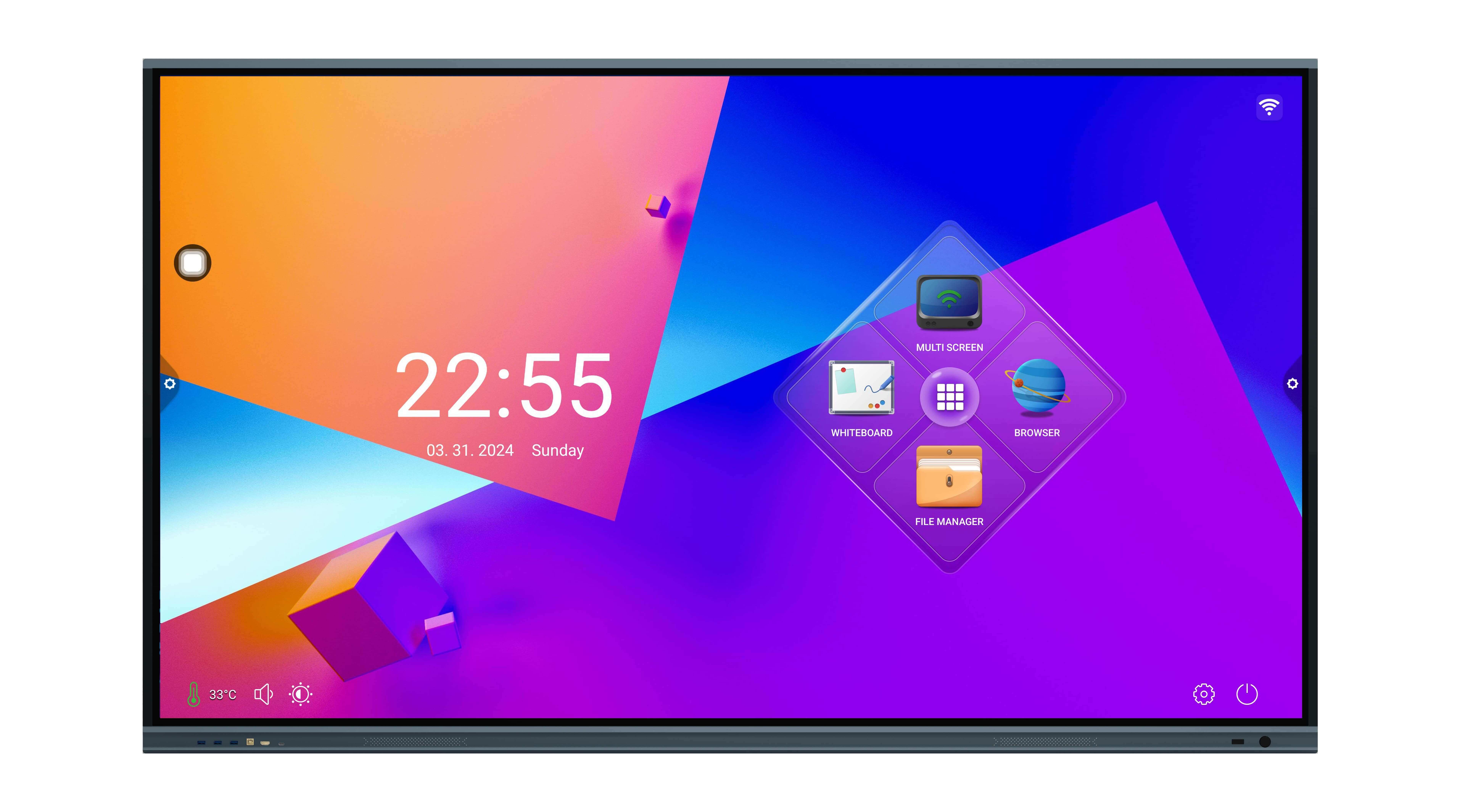 Displayuri interactive profesionale pentru educație și săli de ședințe - Display interactiv EVOBOARD V100 CPU 8*A55, 75 inch, 4K UHD 3840 x 2160, touch 45 puncte, Android 14, 400 cd/m², HDMI/Wi-Fi/LAN