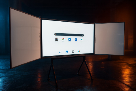 Displayuri interactive profesionale pentru educație și săli de ședințe - Display-Tablă interactivă 86" Evoboard Swing 86 Whiteboarduri laterale 86", 4K UHD 3840 x 2160, touch 64 puncte, Android 13, 400 cd/m², HDMI/Wi-Fi/LAN, VESA 800 x 400 mm
