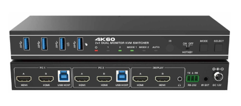Distribuție semnal video: switchere, mixere și extendere - Switcher KVM 2x1 Dual HDMI 4K@60 Monitor 18Gbps HDCP2.3 HDR/HDR10/HDR10+/Dolby Vision cu RS232 EVOCONNECT, negru