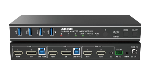 Distribuție semnal video: switchere, mixere și extendere - Switcher KVM 2x1 Dual=HDMI+DisplayPort=4K@60 Monitor 18Gbps HDCP2.3 HDR/HDR10/HDR10+/Dolby Vision RS232 EVOCONNECT, negru