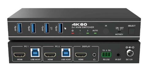 Distribuție semnal video: switchere, mixere și extendere - Switcher KVM 2x1 HDMI 4K@60 18Gbps HDCP2.3 HDR/HDR10/HDR10+/Dolby Vision cu RS232 si telecomanda EVOCONNECT, negru