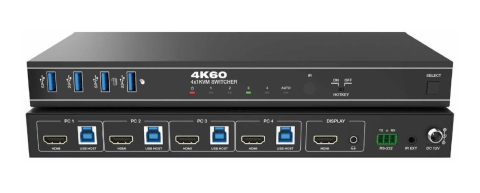 Distribuție semnal video: switchere, mixere și extendere - Switcher KVM 4x1 HDMI 4K@60 18Gbps HDCP2.3 HDR/HDR10/HDR10+/Dolby Vision cu RS232 si telecomanda EVOCONNECT, negru