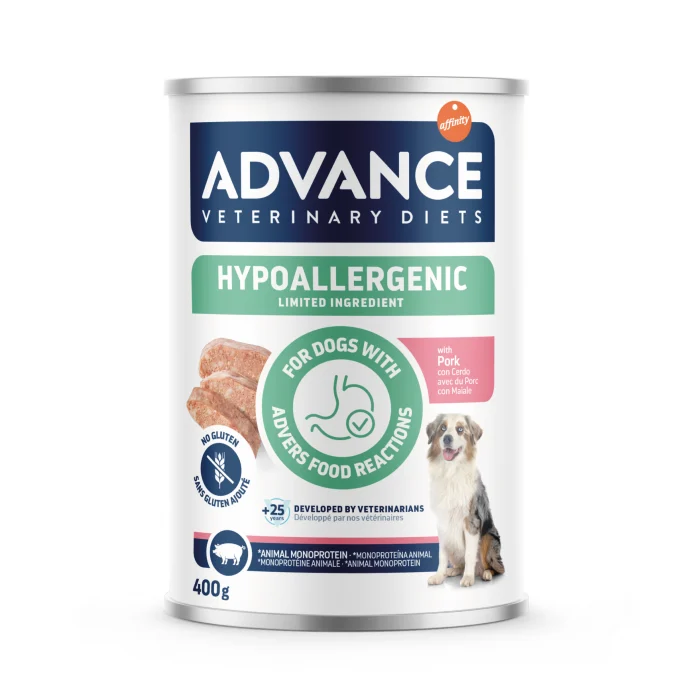 Hrană Câini - Advance, conserva hrana umeda dieta dog hypoallergenic cu porc - 400 gr