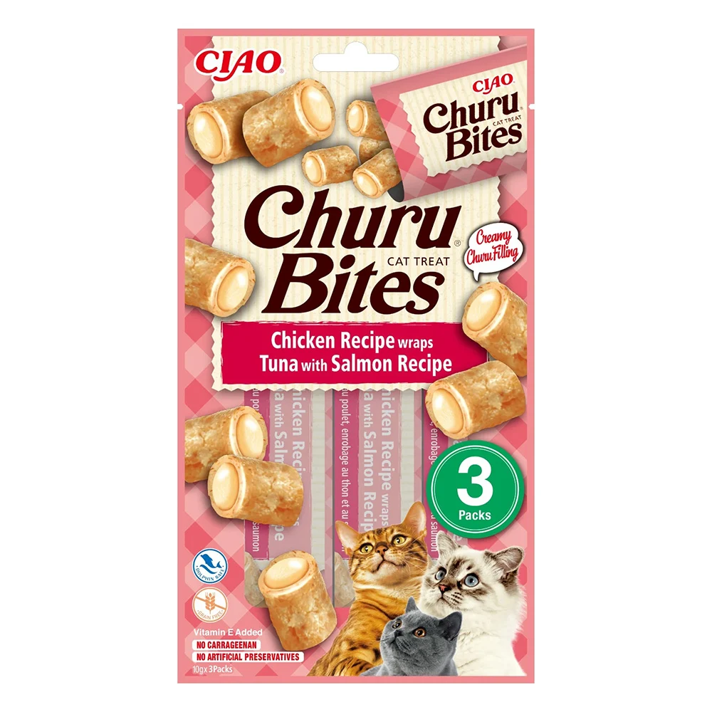 Hrană Pisici - CHURU Bites Recompensă pt. pisici, Pernuţe Pui, Ton si Somon, Pachet cu 3 bucăţi x 10g