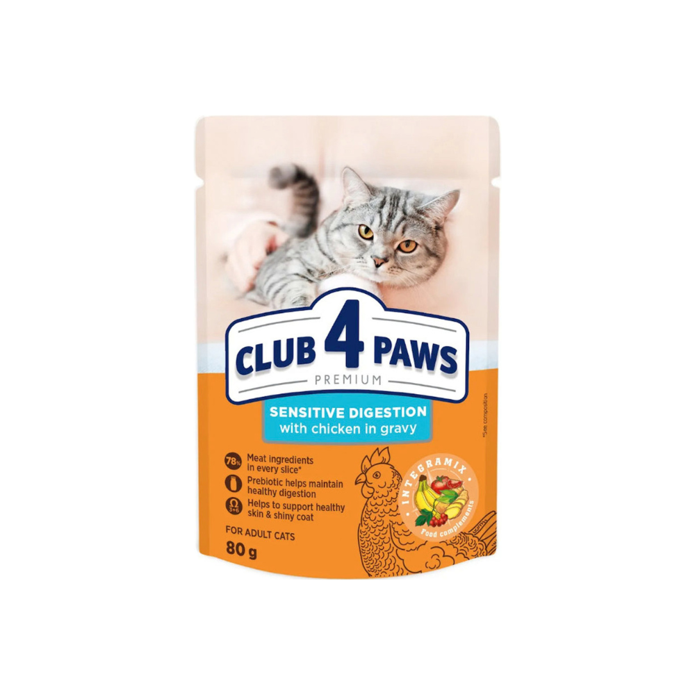 Hrană Pisici - CLUB 4 PAWS Sensitive digestion, Plic hrana umeda pisici adulte, Pui in sos, 80g