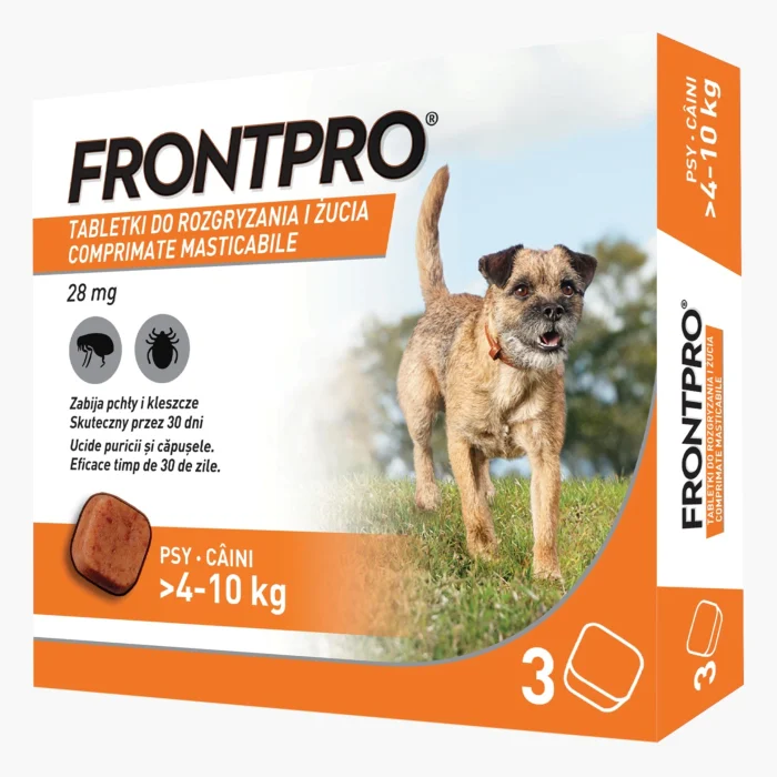 Antiparazitare Externe Câini - FrontPro 28 mg comprimate masticabile împotriva puricilor și căpușelor pentru câini 4-10 kg - 3 comprimate