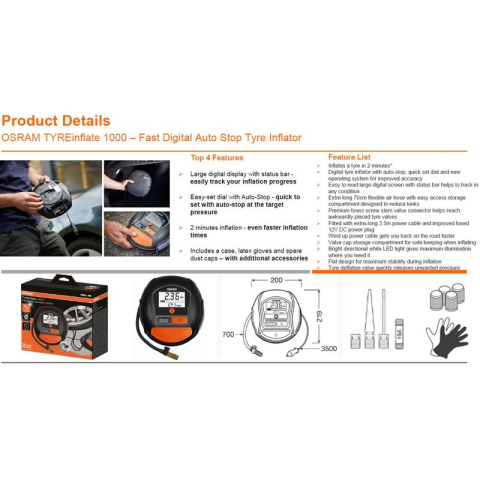 Compresoare portabile - Compresor Portabil Auto OSRAM TYRE Inflate 1000 cu Afisaj Digital si Auto-Stop