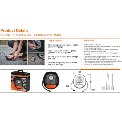 Compresoare portabile - Compresor Portabil Auto OSRAM TYRE Inflate 200, Cablu Retractabil 3m, Manometru Analogic