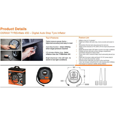 Compresoare portabile - Compresor Portabil Auto OSRAM TYRE Inflate 450 cu Manometru Digital si Auto-Stop