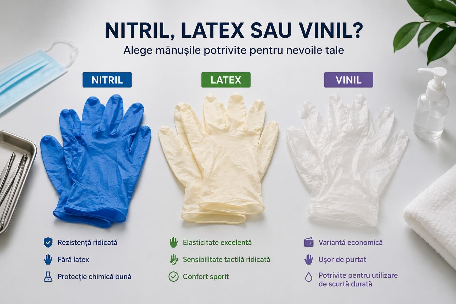 Mănuși nitril vs. latex vs. vinil: ce diferențe există și cum alegi corect?