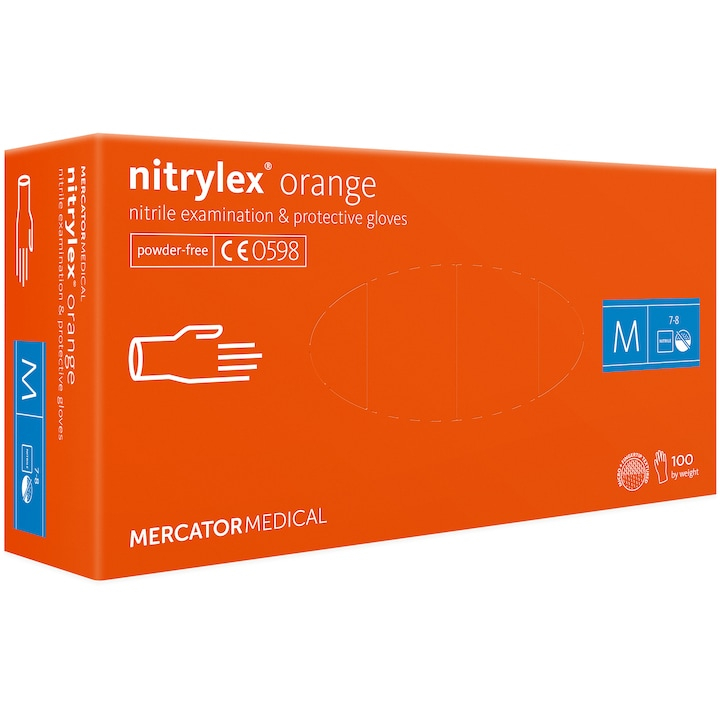 Set 100 bucati Manusi Nitrylex Orange, Nitril, nepudrate, portocaliu, marimea M [2]