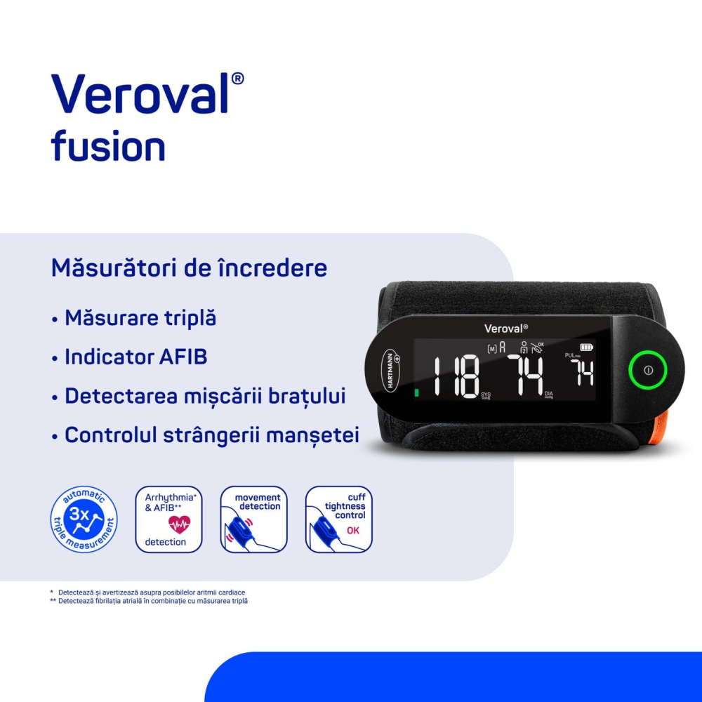 Tensiometru digital automat Veroval® fusion pentru braț, cu Bluetooth®, manșetă 22–42 cm și detectare a aritmiilor [8]