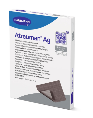 Câmpuri Chirurgicale Sterile - Atrauman Ag 5 x 5 cm, 10 bucăți – Comprese cu unguent neutru și argint, Paul Hartmann
