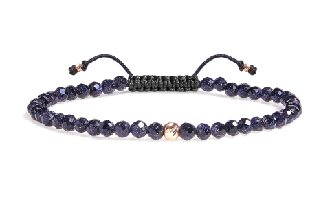 Brățări cu șnur și aur 14k - Brățară cu pietre semiprețioase piatra soarelui albastru fatetat și biluțe din aur