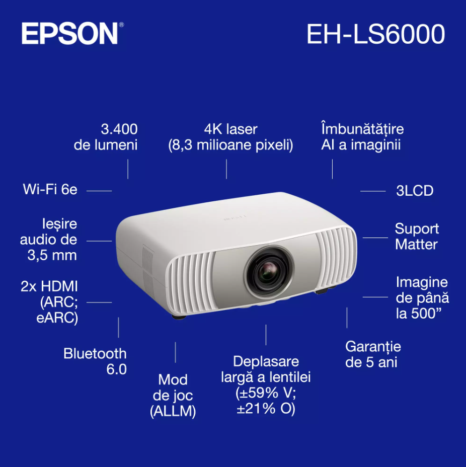 PROJECTOR EPSON EH-LS6000 LASER 4K, Tehnologie 3LCD, display 0.62", Luminozitate: 3.400 Lumeni, 1.700 Lumeni ECO, Rezolutie: 4K, Aspect ratio: 16:9, 8.294.400 pixeli, Contrast: > 3.000.000 : 1, Sursa  [2]