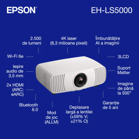PROJECTOR EPSON EH-LS5000 LASER 4K, Tehnologie 3LCD, display 0.62", Luminozitate: 2.500 Lumeni, 1.250 Lumeni ECO, Rezolutie: 4K, Aspect ratio: 16:9, 8.294.400 pixeli, Contrast: > 3.000.000 : 1, Sursa  [3]
