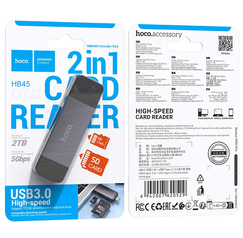 Cititor Card USB 3.0  USB-C HOCO HB45, SD - microSD, Gri [6]