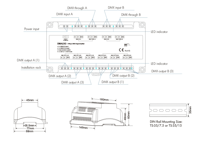 DMX512 jel-erősítő – 12–48V DC – 1 csatornás bemenet / 6 csatornás kimenet – DMX splitter – DMA2X3 [2]