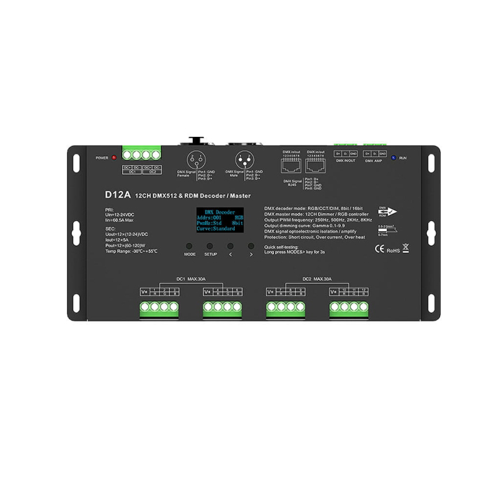 DMX512 LED vezérlő – 12 csatorna – 12–24V DC, 12×5A – OLED kijelző – DMX dekóder/Master – D12A [2]