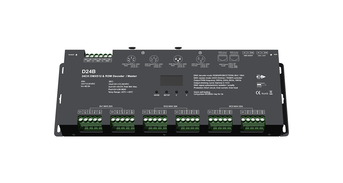 DMX512 LED vezérlő – 24 csatorna – 12–24V DC, 24×4A – OLED kijelző – DMX dekóder / Master – D24B [2]
