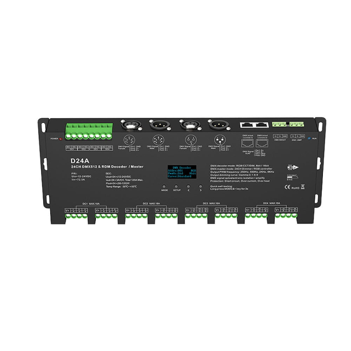 DMX512 LED vezérlő – 24 csatorna – 12–24V DC, 24×5A – OLED kijelző – DMX dekóder / Master – D24A [2]