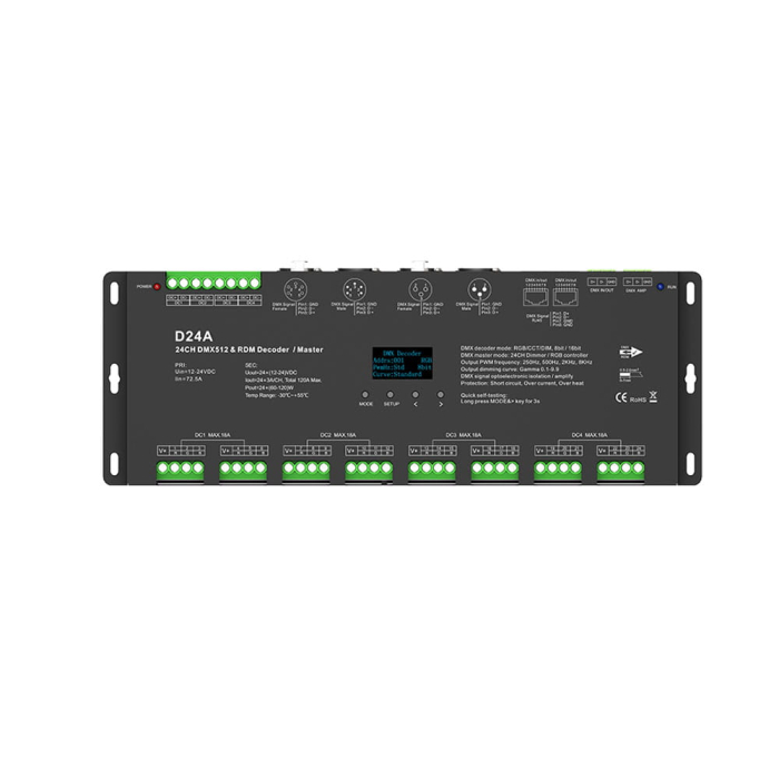 DMX512 LED vezérlő – 24 csatorna – 12–24V DC, 24×5A – OLED kijelző – DMX dekóder / Master – D24A [3]
