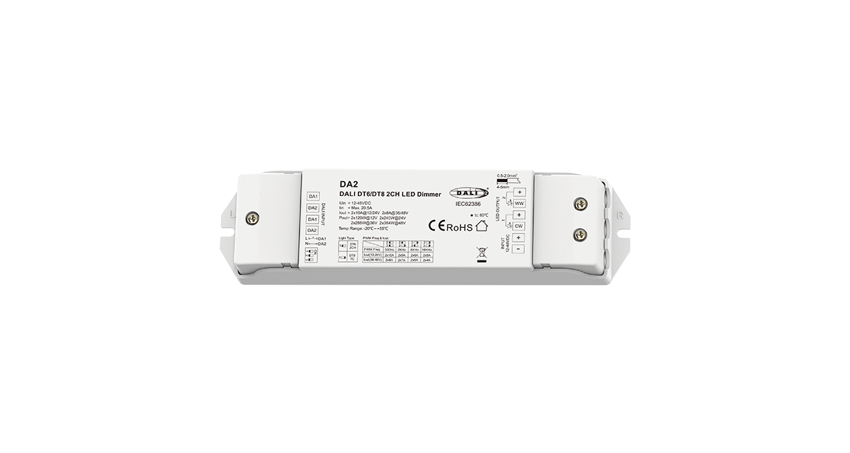 CV DALI dimmer 2 csatorna × 10A, 12–48V DC, DALI-2 (DT6 / DT8) [2]