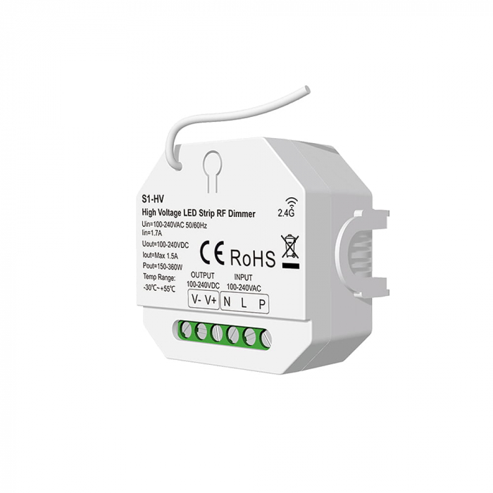 RF dimmer nagyfeszültségű LED szalaghoz, 1 csatorna × 1,5 A, 100–240 V AC – S1-HV [2]