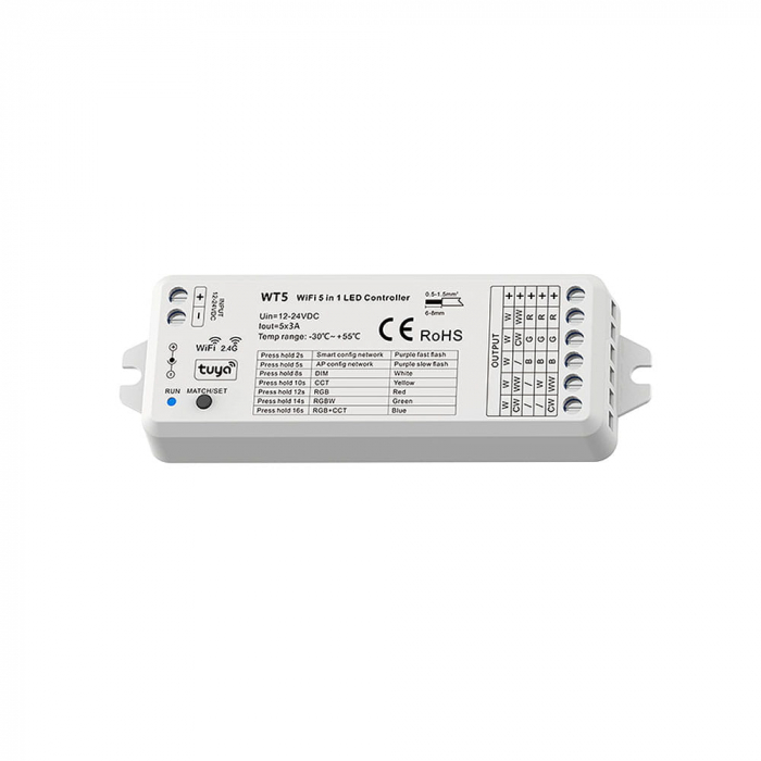 5 az 1-ben LED vezérlő (WiFi) – Mono / CCT / RGB / RGB+CCT – 12–24V DC – 15A – Alexa / Tuya – WT5 [3]