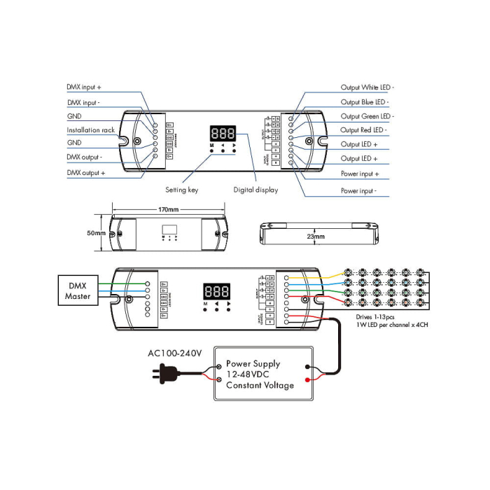 DMX512 LED áramvevő – 4 csatorna – 12–48V DC, 4×350–1200 mA, 3–45V – DMX dekóder – D4C-L (350–1200 mA) [2]