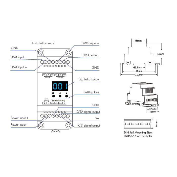SPI LED vevő (DMX512) – RGB – digitális LED szalagokhoz – 8A, 5–24V DC – DIN sínre szerelhető – DS(W) [4]