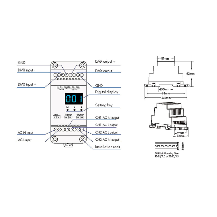 LED Triac vevő (DMX512) – dimmer 230 V AC izzókhoz, 2×100 W – DIN sín – S1-DR (W) [3]