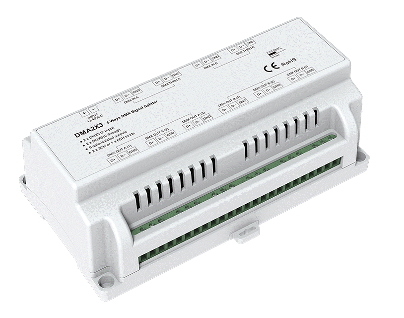 DMX512 sorozat - DMX512 jel-erősítő – 12–48V DC – 1 csatornás bemenet / 6 csatornás kimenet – DMX splitter – DMA2X3
