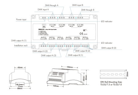 DMX512 jel-erősítő – 12–48V DC – 1 csatornás bemenet / 6 csatornás kimenet – DMX splitter – DMA2X3 [1]