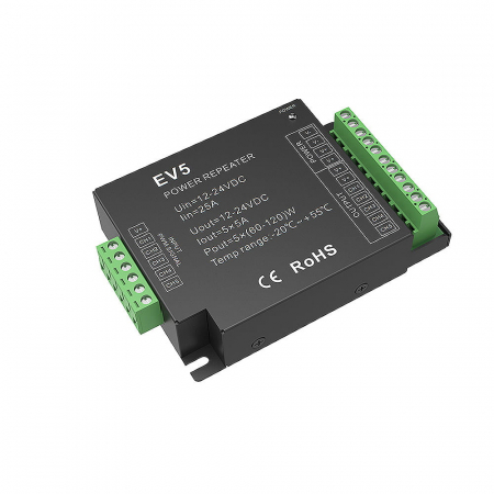 LED jelerősítő - LED erősítő 12–24V DC 25A (5×5A) – RGB+CCT – EV5