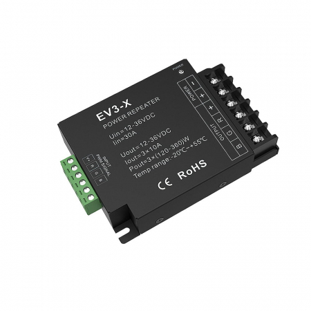 LED jelerősítő - LED erősítő – 12–36 V DC – 30 A (3×10 A) – RGB – EV3-X