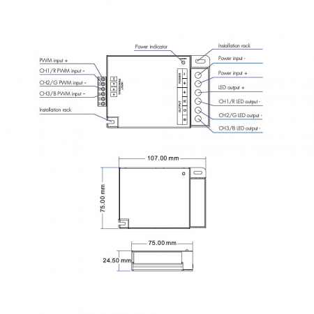 LED erősítő – 12–36 V DC – 30 A (3×10 A) – RGB – EV3-X [1]