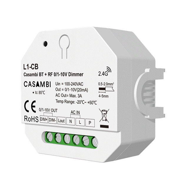LED szalag vezérlők - Casambi Bluetooth + RF 0/1–10V fényerőszabályzó – 100–240VAC – 1 csatorna × 3A – L1-CB