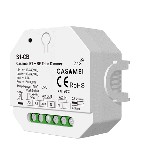 LED szalag vezérlők - Casambi Bluetooth + RF TRIAC fényerőszabályzó – 100–240VAC – 1 csatorna × 1,5A – S1-CB