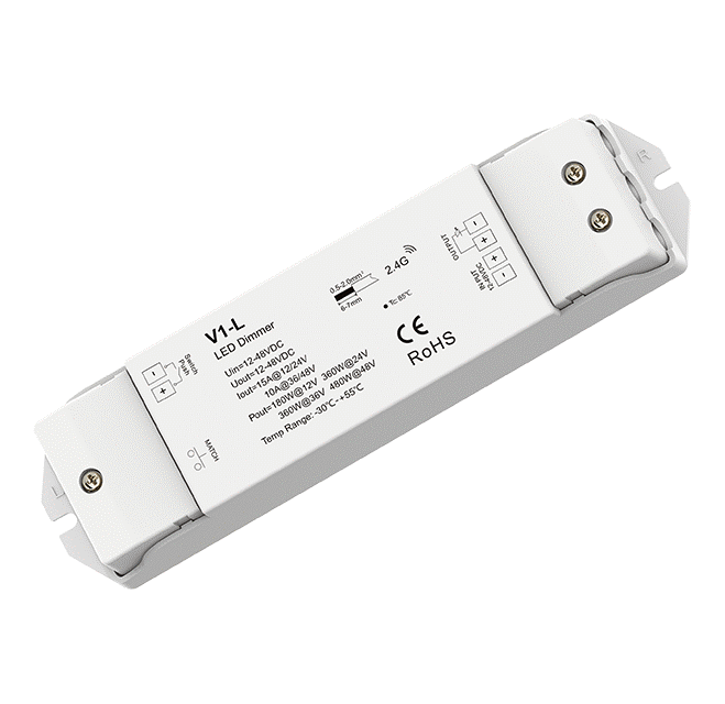 RF Mono vezérlőrendszer - CV LED vezérlő, 1 csatorna × 15 A, 12–48 V DC, Push-Dim – V1-L
