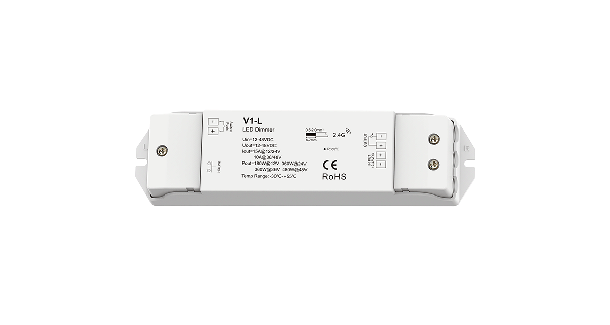 CV LED vezérlő, 1 csatorna × 15 A, 12–48 V DC, Push-Dim – V1-L [1]