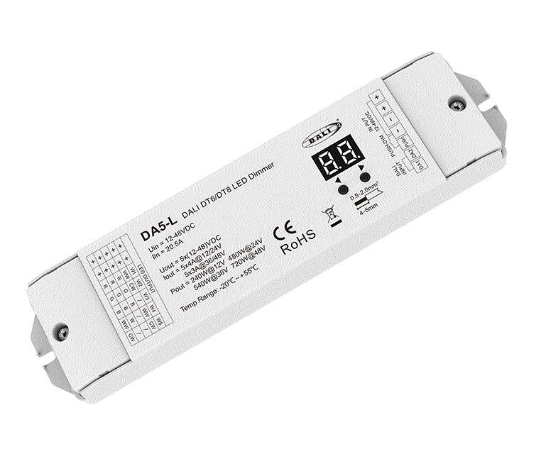 DALI sorozat - DALI LED vezérlő – RGB+CCT – 12–24V DC – 5×4A – DA5-L