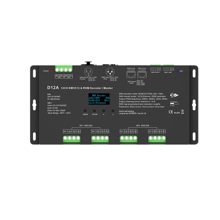 DMX512 LED vezérlő – 12 csatorna – 12–24V DC, 12×5A – OLED kijelző – DMX dekóder/Master – D12A [1]