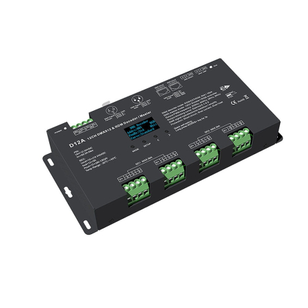 DMX512 sorozat - DMX512 LED vezérlő – 12 csatorna – 12–24V DC, 12×5A – OLED kijelző – DMX dekóder/Master – D12A