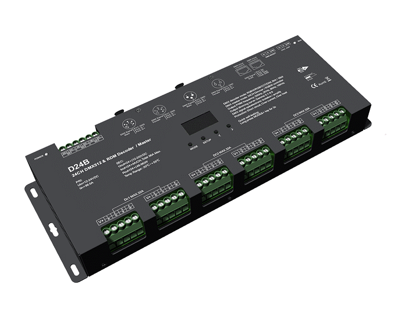 DMX512 sorozat - DMX512 LED vezérlő – 24 csatorna – 12–24V DC, 24×4A – OLED kijelző – DMX dekóder / Master – D24B